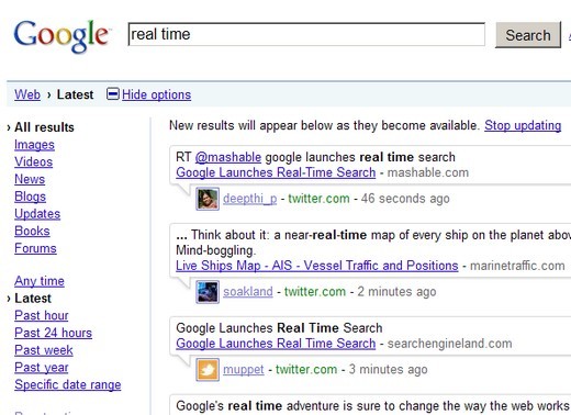 Google, recherche en temps réel, Real Search Time